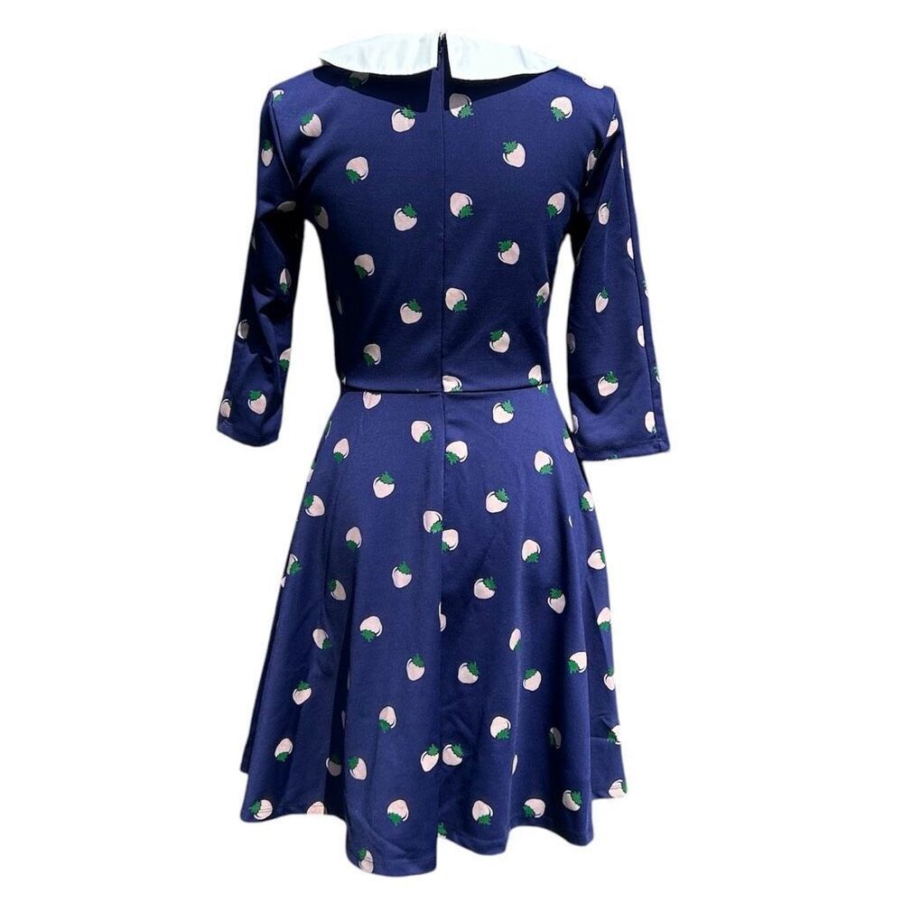 Unique Vintage Retro Inspired 50’s Navy Strawberry Fit & Flare Dress S - Picture 6 of 14